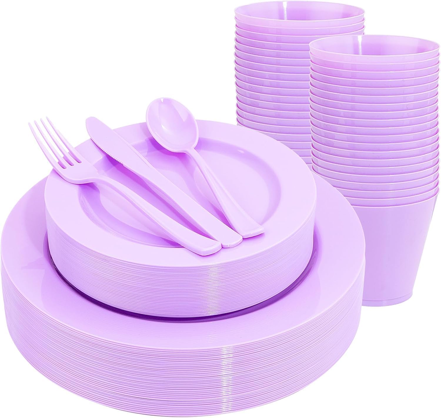 KIRE 150 PCS Purple Plastic Plates - Purple Dinnerware Set Disposable 25 Dinner & 25 Salad Plates 25Forks 25Knives 25Spoons 25Clear Cups for Birthday/Baby Shower