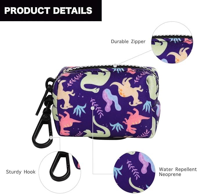 Attachment,Waste Bag Dispenser Zippered Pouch, Fits Any Leash, Includes Free Roll of Dog Bags, Poop Bag Dispenser - 2 Packs, Little Dinosaurs-PawvioPets
