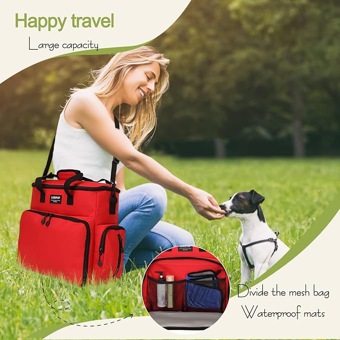 Dog Travel Bag,Weekend Pet Travel bag Set for Dog and Cat,Airline Approved Tote Multi-Function Bags for Traveling,Include 2 Collapsible Bowls,2 Food Storage Containers,1 Feeding Mat,Red-PawvioPets