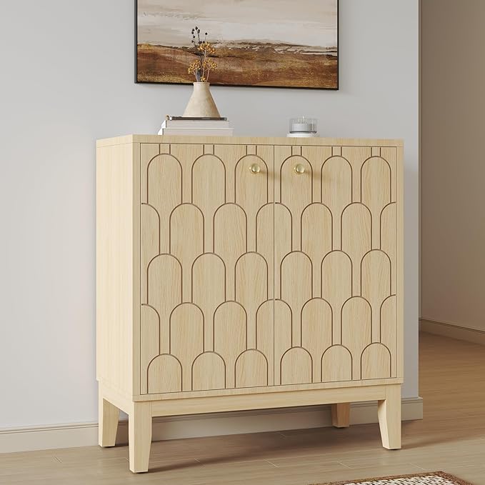 Farmhouse Storage Cabinet, Modern Buffet Sideboard with Doors, Fish Scale Pattern, Boho Cabinet for Dining Room, Natural, 2 Pieces-PawvioPets