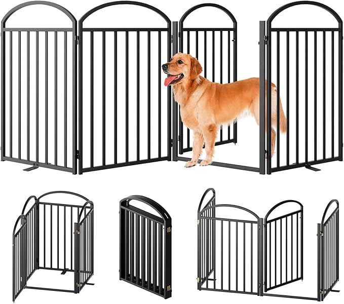 4 Panles Full Matel Freestanding Dog Gates with Door, 96"Extra Wide 32"Tall Free Standing Dog Pet Gate for Indoor & Outdoor. Foldable Pet Fences for Doorways, House, Stairs, Porch, Deck, Yard-PawvioPets