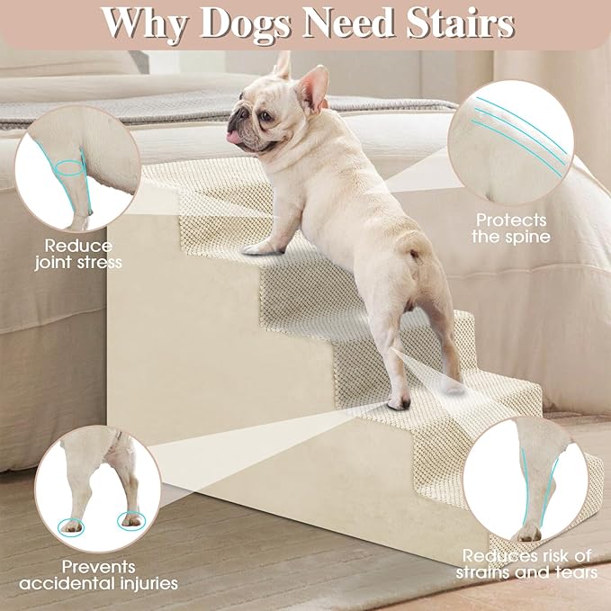 GGIB Dog Stairs for Small Dogs Pet Stairs for Sofa Couch Dog Ramp Pet Steps with Removable Washable Cover, Beige, 22" H, 5-Step-PawvioPets