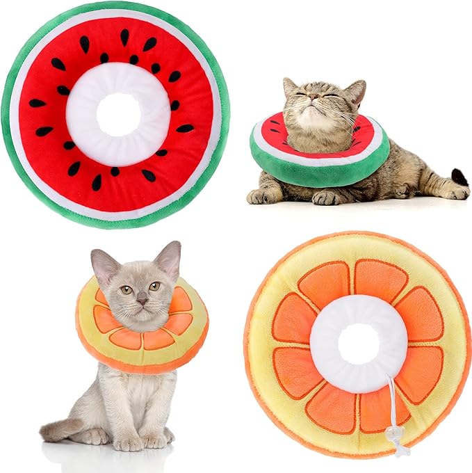 2 Pcs Adjustable Cat Cone Collar Soft Small Cute Cat Recovery Donut Collar After Surgery Orange Watermelon Elizabethan Kitten Neck Cones for Small Dogs Pet, Fruits Shaped, Under 7 lbs-PawvioPets
