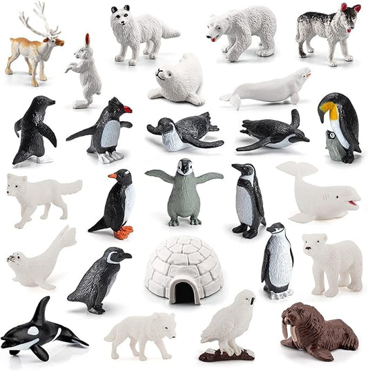26Pcs Arctic Animal Figures - Polar Animal Toys Figurines with Penguins Arctic Fox Wolf Polar Bear Reindeer - Miniature Toys Cake Topper Christmas Birthday Gift for Kids & Toddlers-PawvioPets