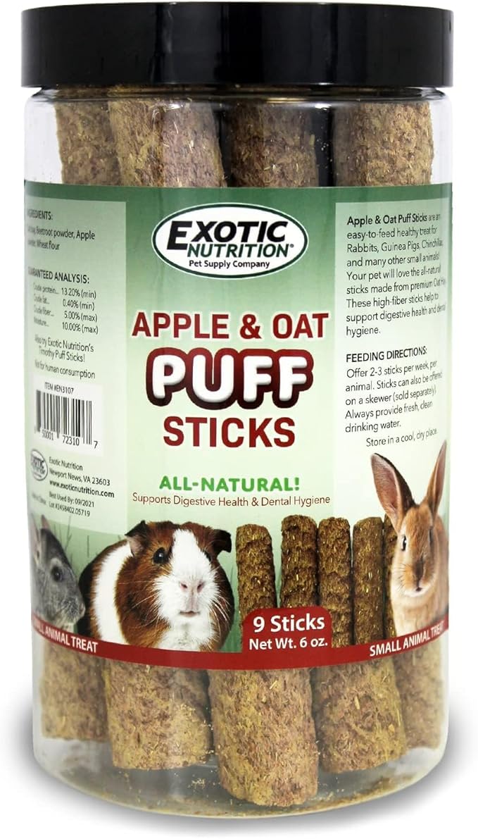 Apple & Oat Puff Sticks (6 oz.) - Healthy Natural High Fiber Chew Treat Made with Oat Hay - Rabbits, Guinea Pigs, Hamsters, Chinchillas, Degus, Prairie Dogs, Squirrels, Skunks, Opossums, Small Pets-PawvioPets