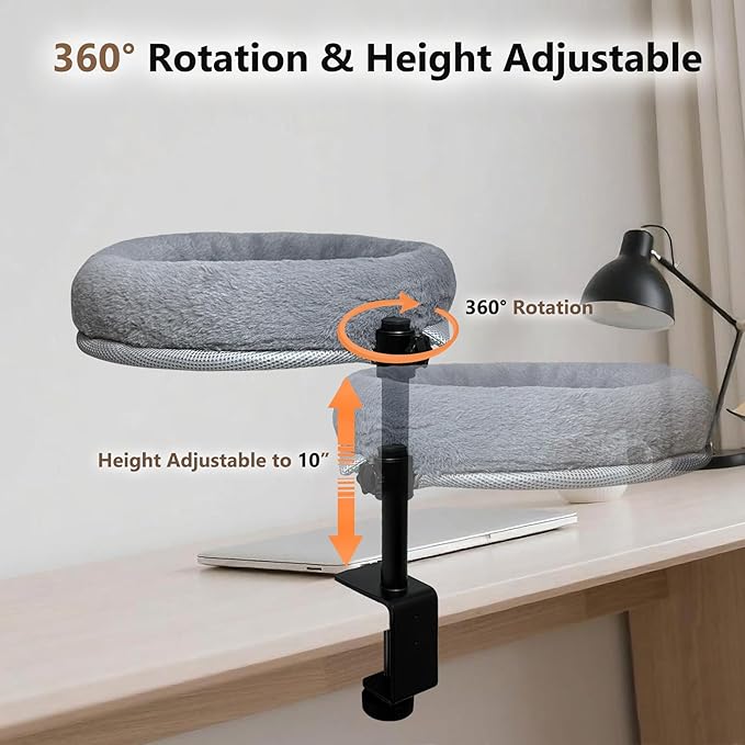 Cat Desk Bed with Summer Colling Mat, 360° Rotating & Height Adjustable Indoor Cat Nest, Large Desktop Cats Perch for Home Offcice Space Saving, Supports Up to 40 lbs, Machine Washable Removable Cover-PawvioPets