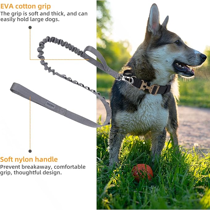 EXCELLENT ELITE SPANKER Tactical Bungee Dog Leash Military Adjustable Dog Leash Quick Release Elastic Leads Rope with 2 Control Handle（Grey-PawvioPets