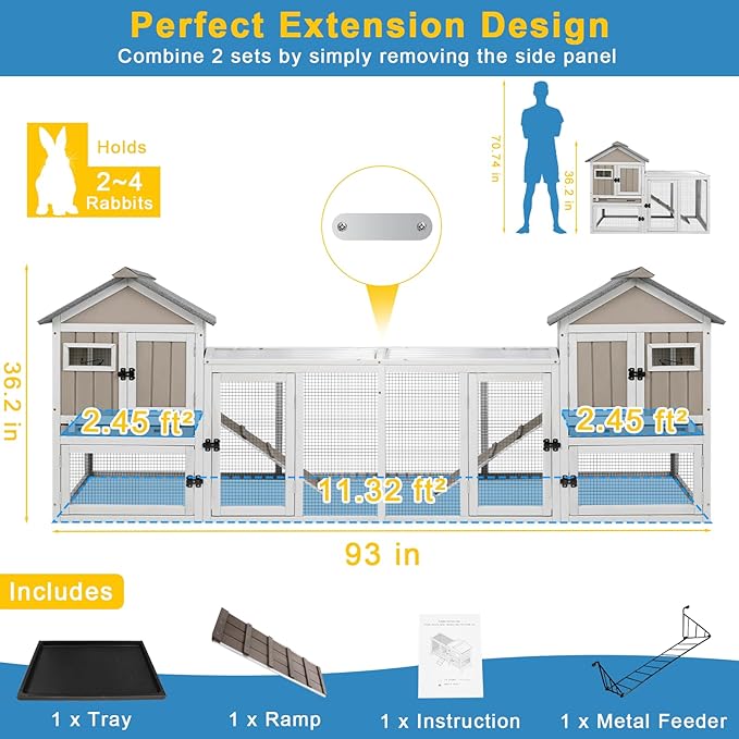 48" L Rabbit Hutch Outdoor Indoor Bunny Hutch Weatherproof, 2-Story Wood Rabbit Cage with Deep Tray, Chew-Resistant Ramp, UV Roof, Bunny House for Small Animal, Expandable Guinea Pig Cage-PawvioPets