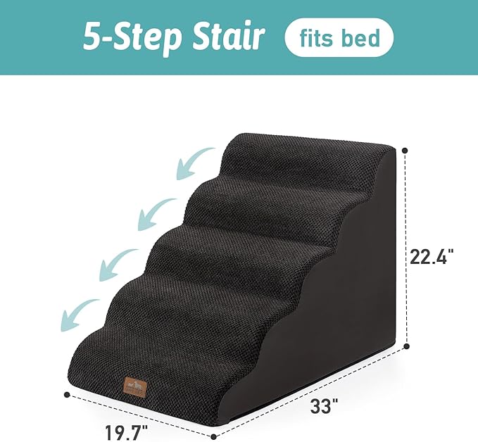 Extra Wide Dog Stairs 19.7" Width, Large Pet Step for Small Medium Dog, Puppy or Cat, Ramp for High Bed or Car, High Density Foam Ladder, Stable, 5 Step, 19.7x33x22.4 inch, Black-PawvioPets