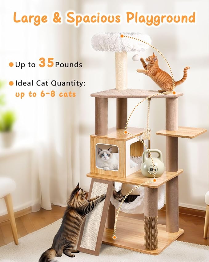 61" Wooden Cat Tree Tower for Indoor Cats, Luxury Modern Wooden Tower with XL Plush Lounge, Hammock & Scratching Posts for Maine Coon 20 lbs-PawvioPets