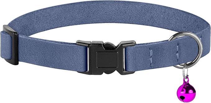 Breakaway Cat Collar Leather with Removable Bell - 13 Colors Available - Soft Adjustable Girl Boy Safety Lightweight Pet Kitten Collars Pink Brown Blue Green Red Orange Black (Denim)-PawvioPets