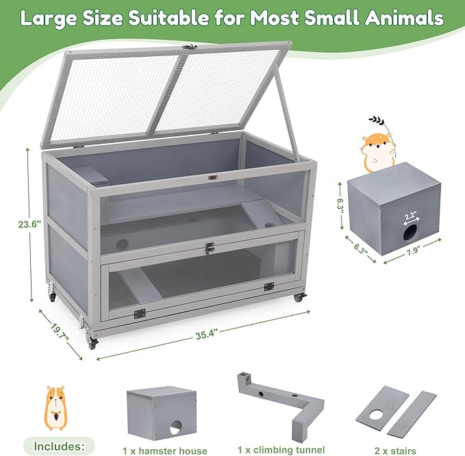 Coziwow Hamster Cage 35.4'' with Removable Ramps & Tray, Small Animals Hutch with Wheels & 2 Openable Doors, 3-Tier Wooden Cage for Dwarf Syrian Hamster, Mice, Rat, Rabbit-PawvioPets