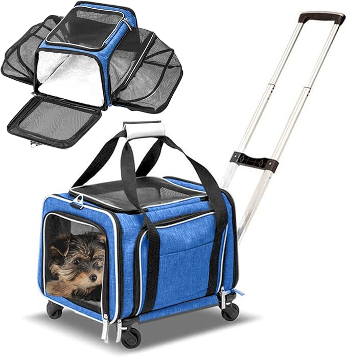 Airline Approved Expandable Premium Pet Carrier on Wheels- Two Sided Expandable Rolling Carrier- Designed for Dogs & Cats- Extra Spacious Soft Lined Carrier! (Blue)-PawvioPets