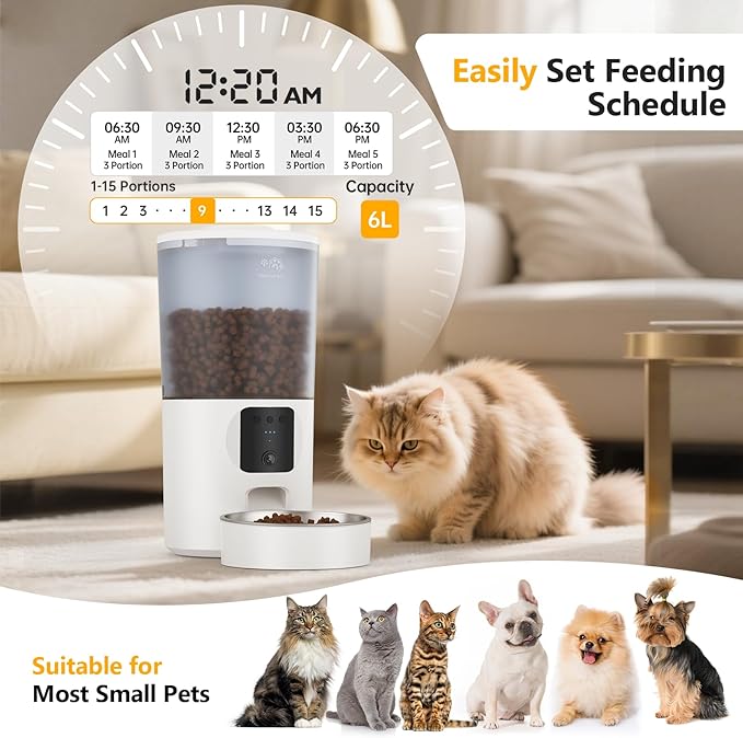 Automatic Cat Feeder with 1080P Camera, Two-Way Audio, APP Timed Auto Control Meals, 6L Dry Food Dispenser, 2.4G / 5G WiFi-PawvioPets