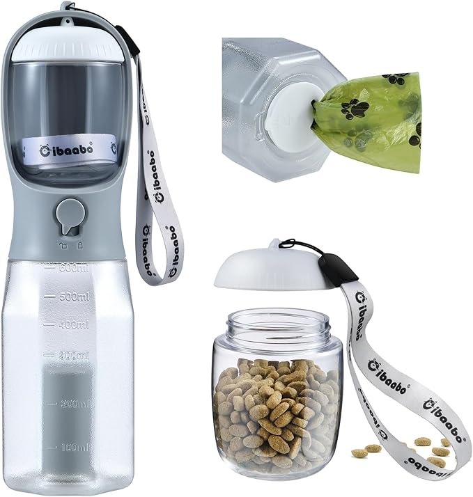 Dog Water Bottle with Food Container & Poop Bag Holder, Travel Water Bowl, Portable Pet Dispenser, Dog Stuff Accessories Items, Puppy Essentials Necessities for Yorkie Chihuahua Walking Hiking-PawvioPets