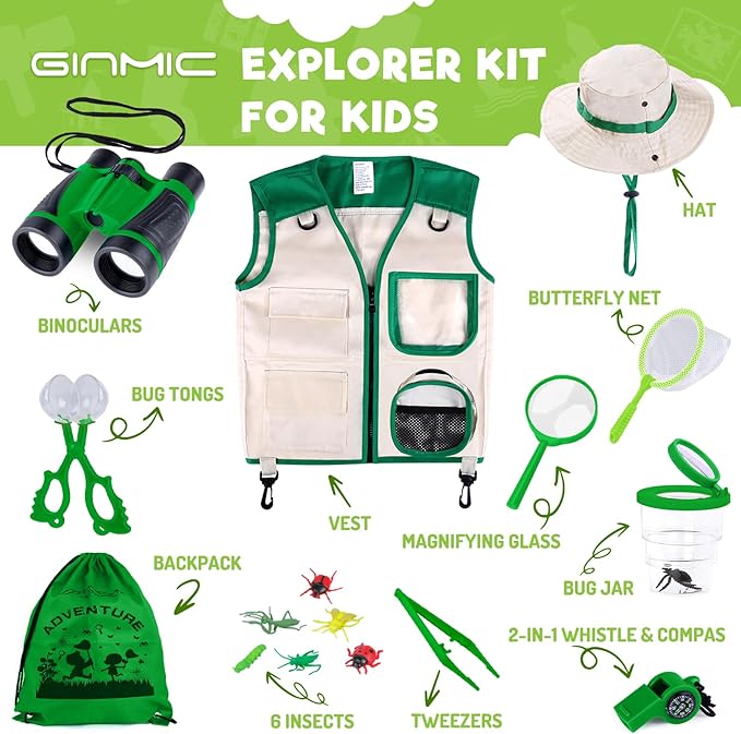 GINMIC Kids Explorer Kit & Bug Catching Kit, 16 Pcs Outdoor Exploration Safari Kit for Kids Camping with Binoculars, Adventure, Hunting, Hiking, Educational Toy Gift for 3-12 Years Old Boys Girls-PawvioPets