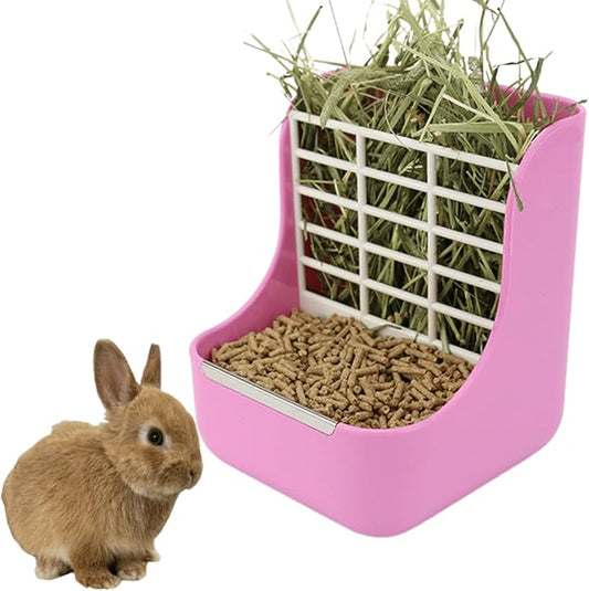 2 in 1 Food Hay Feeder for Guinea Pig, Rabbit Feeder, Indoor Hay Feeder for Guinea Pig, Rabbit, Chinchilla, Feed Bowls Use for Grass & Food (Pink)-PawvioPets