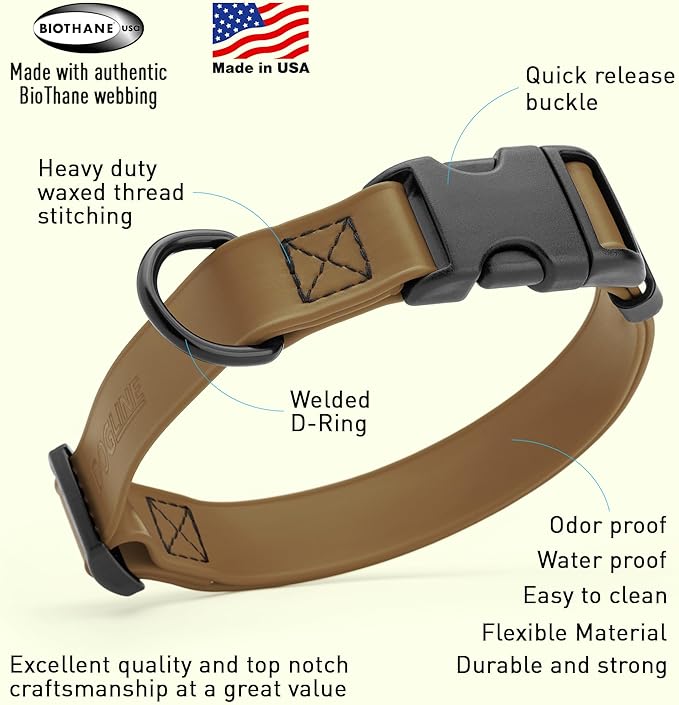 Dogline Biothane Waterproof Dog Collar with Quick Release Buckle Strong Coated Nylon Webbing with Odor- Proof for Easy Care Easy to Clean Fits Small Medium Large Dogs, Coyote Brown 3/4" W 12-19" L-PawvioPets
