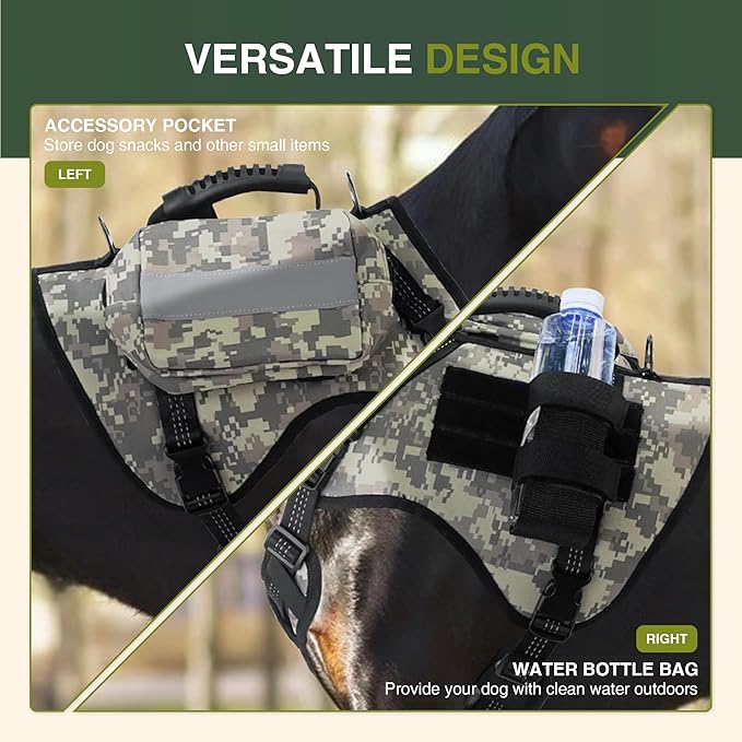 Dog Tactical Harness with Reflective Design, Breathable and Adjustable Tactical Dog Vest, No Choke Harness, Military Grade Gear for Training, Hunting, Outdoor Adventures, Camouflage L-PawvioPets