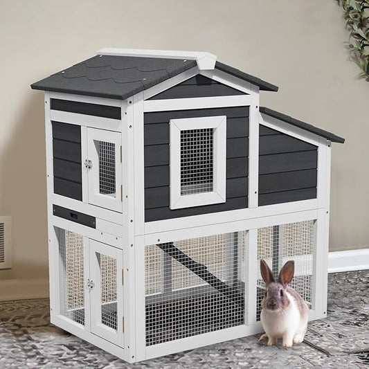 2 Story Rabbit Cage, Weatherproof Rabbit Hutch Indoor & Outdoor, Wooden Guinea Pig Cages with Removable Tray Openable Roof for Small to Medium Animals-PawvioPets
