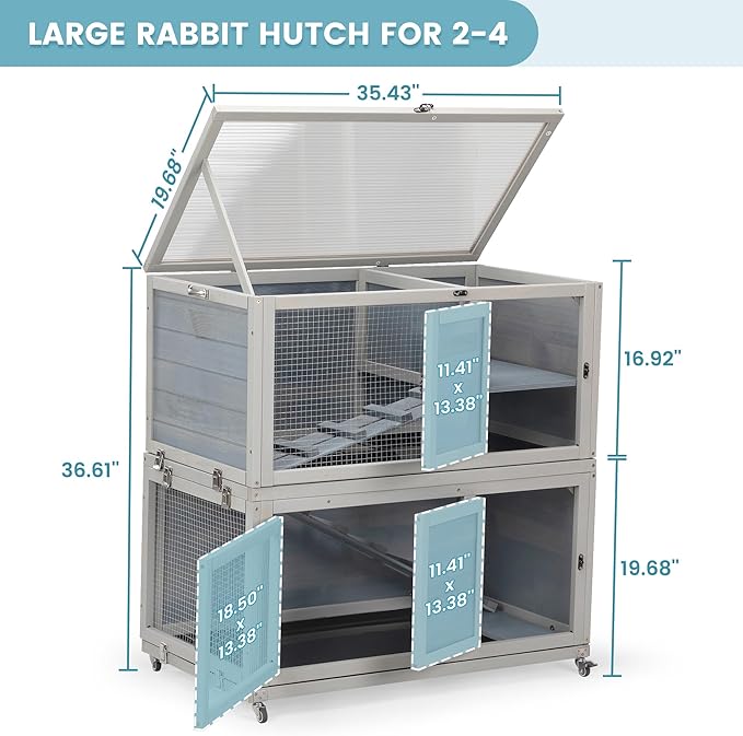 2-Story Wooden Rabbit Hutch for Outdoor & Indoor, Bunny Cage Rabbit House with Wheels, Trays, Ramp, Pet Home for Guinea Pigs, Chickens, Chicken Coop, Gray with Colorful Patterns-PawvioPets