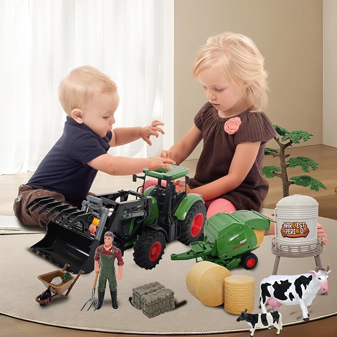 Farm Tractor Toys Set Bale Haying Round Baler with Barn Farmer,Cow,Farm Tools,Tree Farm Tractor Pla yset for Kids Toddler Boys Girls Ages 3-7 Years-PawvioPets