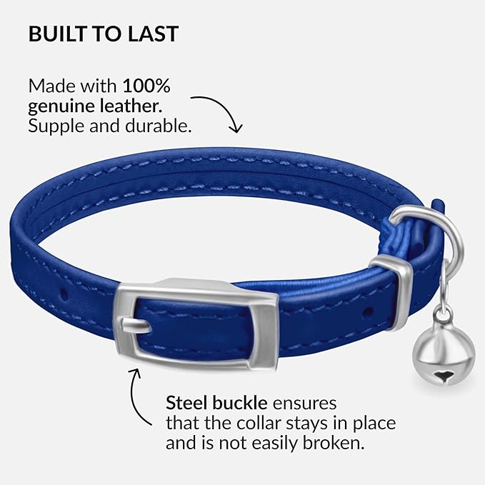CollarDirect Leather Cat Collar with Bell - Kitten Collar, Small and Big Cat Collar for Boy Cats, Girl Cats with Safety Elastic Strap (Neck Fit 6"-7", Navy Blue)-PawvioPets