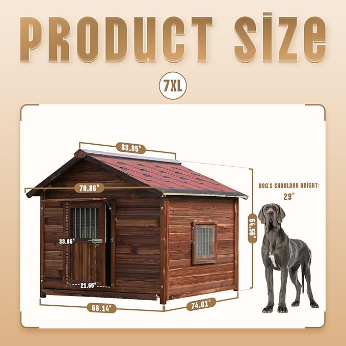 Extra Large Dog House Outdoor Made of Solid Pine Wood, Warm Doghouse, Dog House with Elevated Floor for Large Dogs, (Wood, 7XL)-PawvioPets