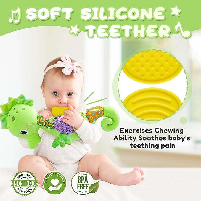 Baby Toys 0 to 12 Months, Musical Stuffed Animal Activity Soft Toys with Multi-Sensory Crinkle, Rattle and Textures, Infant Tummy Time Toys for Newborn Boys Girls, Seahorse, Green-PawvioPets