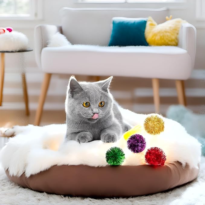 AUEAR, 24 Pack 2 Inch Extra Large Sparkle Cat Ball Glitter Tinsel Pom Pom Balls for Kittens (4 Assorsted Colors)-PawvioPets