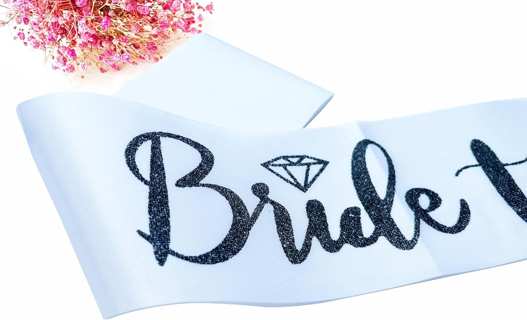 Bride to Be Sash, Bachelorette Party Sash for Bridal Shower Wedding Party Favors Accessories Supplies Engagement Gifts,White Satin with Glitter Letter Black