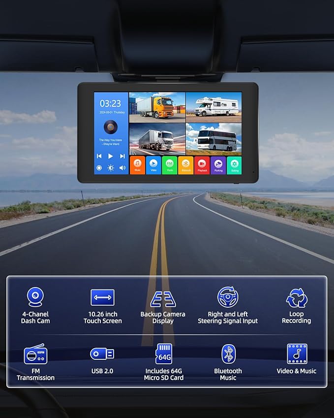 4 Channel 1080p HD Backup Camera System with 10.2" Touchscreen Monitor, DVR Recording/Playback, Bluetooth, FM Radio & Media Player for Trucks, Semis, RVs, Trailers, Vans, SUVs, Cars-PawvioPets