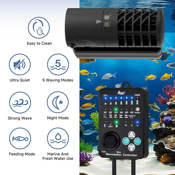 AQQA Aquarium Wave Maker Magnetic Adjustable Cross Flow Pump with Controller DC Gyre Wavemaker 1059 GPH Water Circulation Pump Powerhead for Freshwater & Marine Reef Fish Tank 15-70 Gallon (15W)-PawvioPets