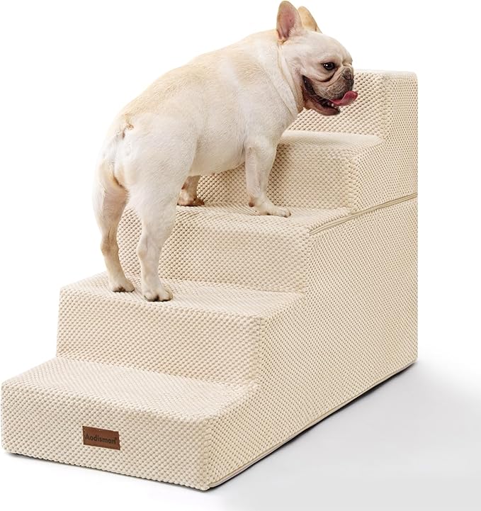 Dog Stairs for High Bed 22.6" H,5-Step Dog Steps for Small Dogs and Cats,Indoor Non-Slip Balanced Pet Stairs are Suitable for Puppy,Older Cat,Beige-PawvioPets