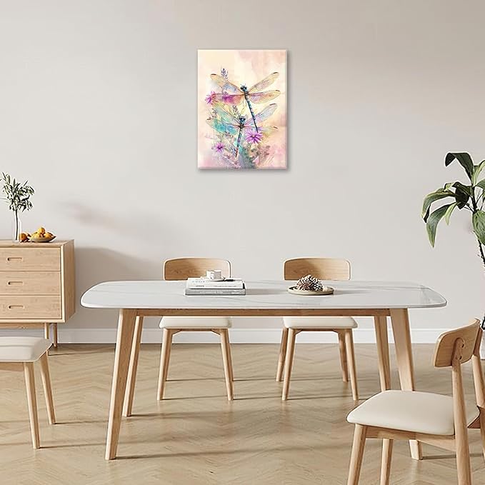 Dragonfly Bathroom Pictures Wall Art, Floral Bathroom Wall Decor, Framed Painting Canvas Artwork for Bedroom Living Room Decorations 20"L x 16"W-PawvioPets