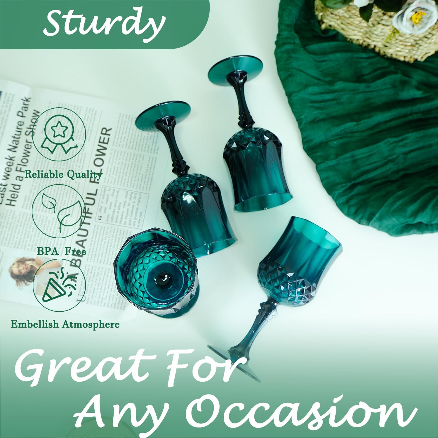 Plastic Wine Glasses，Plastic Goblets Vintage Style Cordial Drinking Glasses for Wedding Reception, Christmas Grand Event Party Supplies (24, Green)