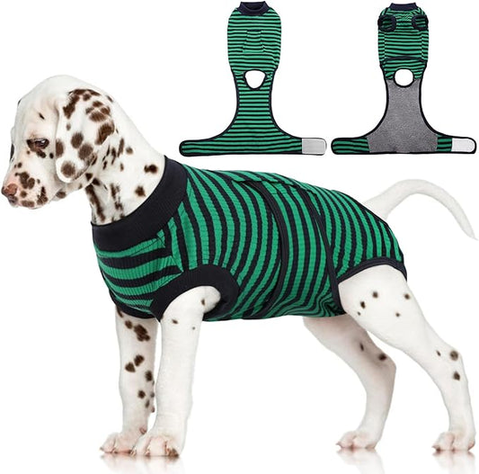 FUAMEY Recovery Suit for Dogs After Surgery,Soft Breathable Dog Bodysuit E-Collar & Cone Alternative Surgical Suit,Male Female Dog Neuter Spay Suits Anti Licking Wounds Onesie Green Black Stripes S-PawvioPets
