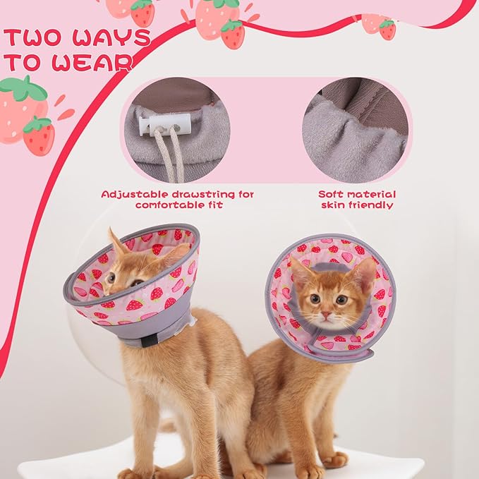 EXPAWLORER Cat Recovery Cone Collar- Soft Adjustable Pet Collar for After Surgery, Waterproof Elizabethan Protective Collar, Stop Licking Donut for Small Medium Kittens (Strawberries M (8.5-12 in))-PawvioPets
