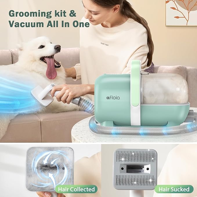 Afloia 6-in-1 Dog Grooming Kit, Pet Grooming Vacuum for Shedding, Dog Hair Vacuum with Clipper Nail Trimmer Grinder, Pet Brush Groomer at Home, Low Noise Cats Hair Remover, 1.5L Dust Cup, Green-PawvioPets