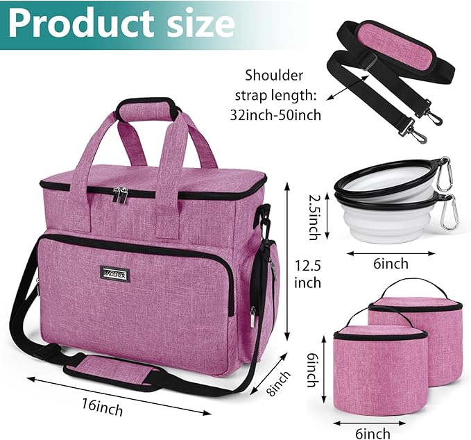 BAGLHER Dog Travel Bag, Pet Travel Bag (ALL Pet Travel Supplies), With 2 Pet Food Containers and 2 Collapsible Silicone Bowls; Essential Kits for Pet Travel Pink-PawvioPets