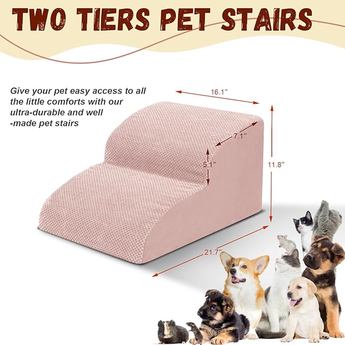 Dog Stairs for Small Dogs - High Density Foam Pet Steps, Extra Wide Dog Ramp with Non-Slip Bottom for High Beds, Couch and Sofa, Best for Dogs Injured, Older Doggy Cats, 2 Steps, Pink-PawvioPets