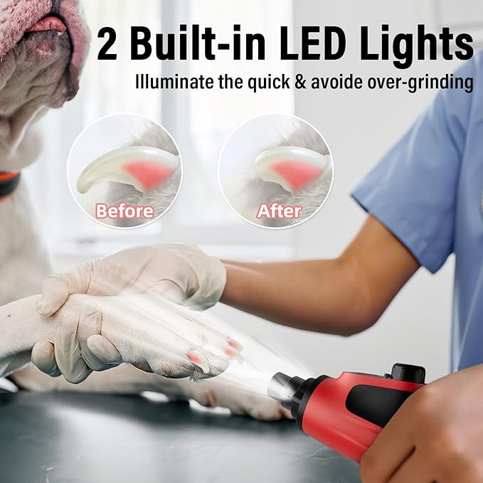 Casfuy Smart 6-Speed Dog Nail Grinder - 50% More Power Pet Nail Grinder with 2 LED Lights Quiet Rechargeable Electric Dog Nail Trimmers File Toenail Grinder for Large Medium Small Dogs & Cats (Red)-PawvioPets