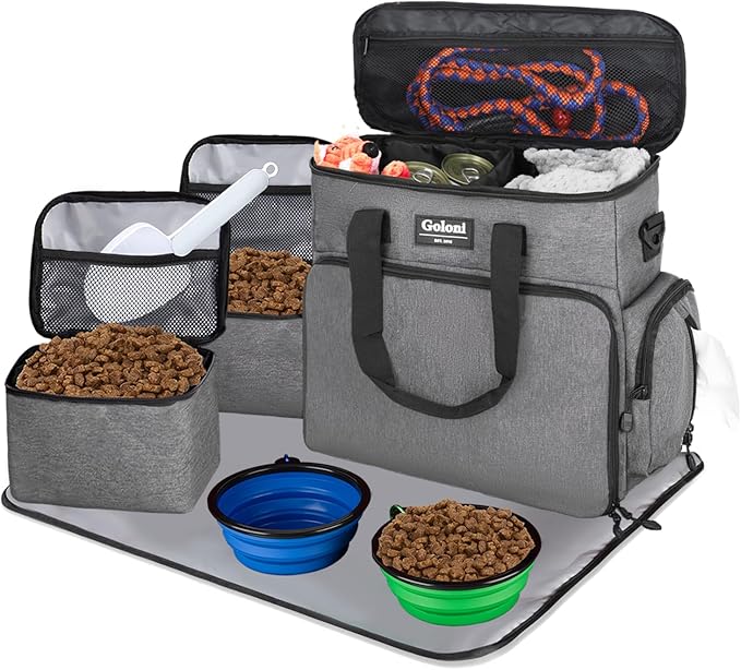 Dog Travel Bag Airline Approved–Pet Travel Tote with Collapsible Bowls,Food Containers & Feeding Mat–Multi-Pocket Organizer for Dogs & Cats, Durable & Water-Resistant for Hiking,Trips,Outdoors-PawvioPets