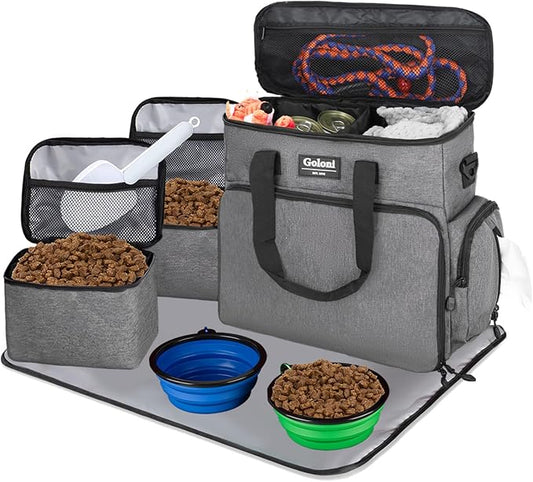 Dog Travel Bag Airline Approved–Pet Travel Tote with Collapsible Bowls,Food Containers & Feeding Mat–Multi-Pocket Organizer for Dogs & Cats, Durable & Water-Resistant for Hiking,Trips,Outdoors-PawvioPets