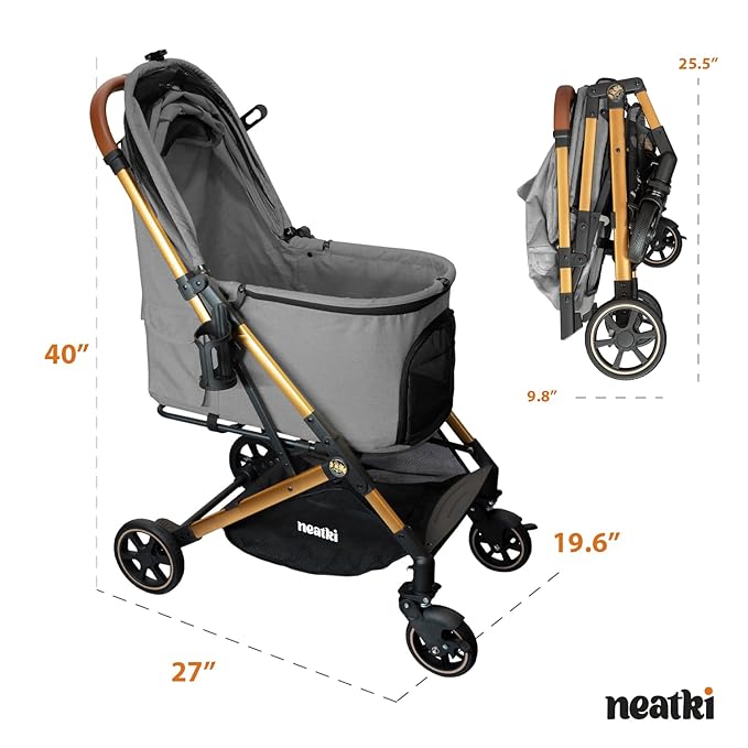 Foldable Pet Stroller for Dogs and Cats, 33 lbs Capacity, 360° Swivel Front Wheels, One-Click Fold, Brake System, Leash & Lock Clips, Removable Washable Padding, and Cup Holder (Gray, 33 lbs)-PawvioPets