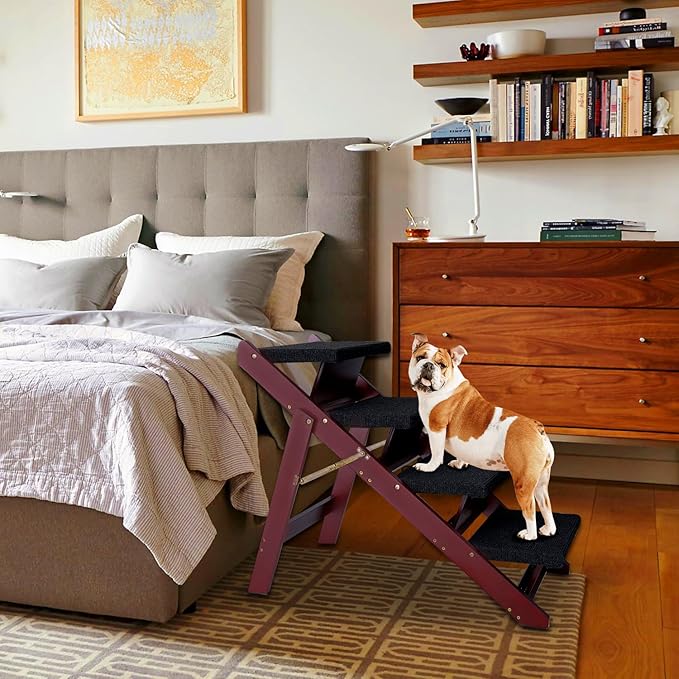 BRIKY Wooden Dog Stairs/Steps - Foldable 4 Steps Dog Steps for High Bed Couch Cars, Non-Slip Pet Stairs for Small Large Medium Dogs and Cats, No Assembly Required-PawvioPets