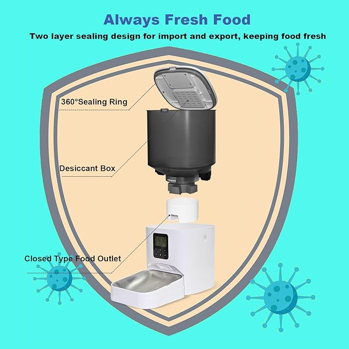 Automatic Cat Feeder, 6L Cat Food Dispenser with 10s Voice Recorder, Pet Feeder up to 8 Meals per Day, Timed Feeder with Dry Food Sealed Ring (Jade White, 6L)-PawvioPets