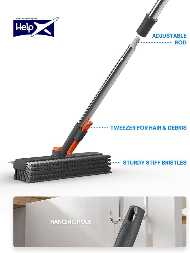 Floor Scrub Brush with Long Handle, 3 in 1 Multi-angle Swivel Right Angled Bristle Floor Scrubber Brush with Squeegee and Tweezer for Cleaning Tile Wall Deck Bathroom Patio Garage Kitchen (Grey)-PawvioPets