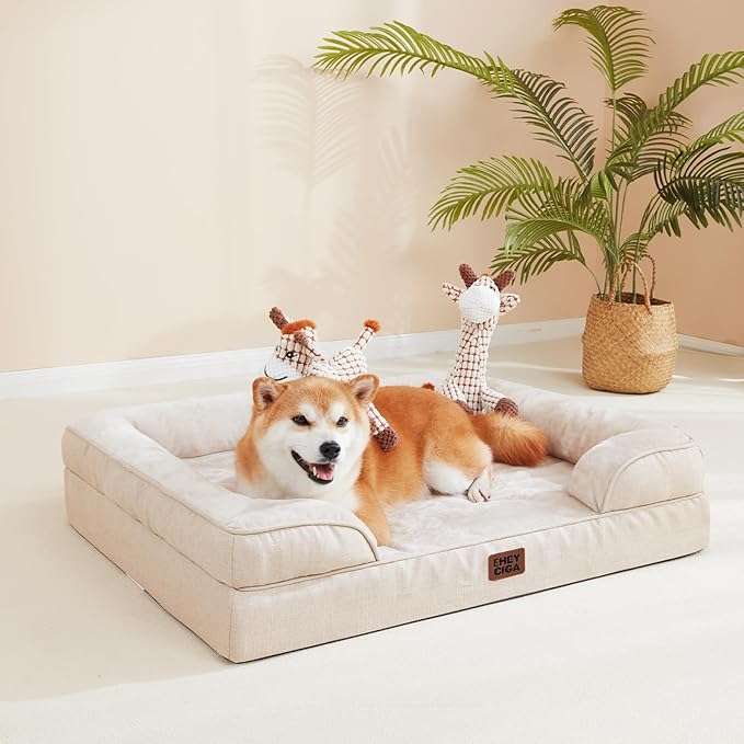 EHEYCIGA Orthopedic Dog Beds for Large Dogs, Waterproof Memory Foam Large Dog Bed with Sides, Non-Slip Bottom and Egg-Crate Foam Pet Couch Bed with Washable Removable Cover, Beige-PawvioPets