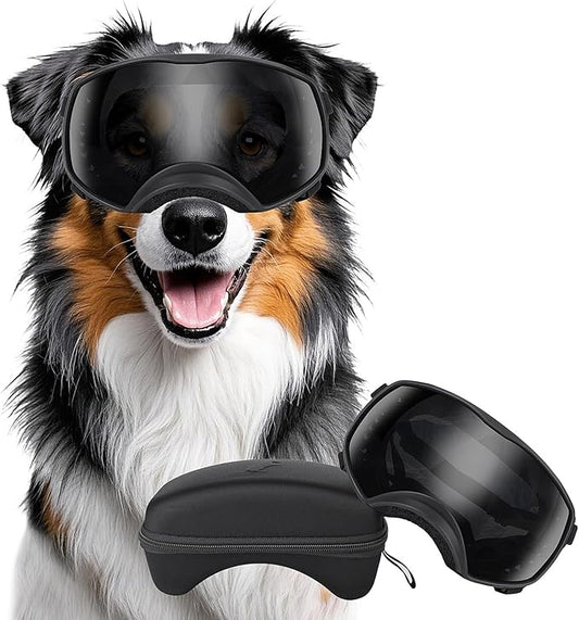 Dog Sunglasses UV Protection Clear Dog Goggles Windproof Glasses with Elastic Straps for Medium-Large Breed, Black Frame + Black Lens-PawvioPets